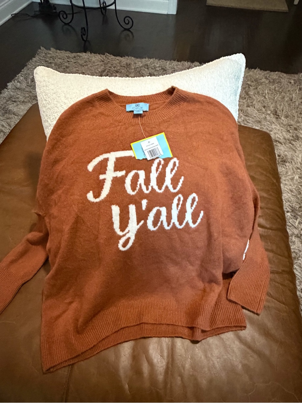 CeCe Rust Crewneck Sweater with White "Fall y'all" Script